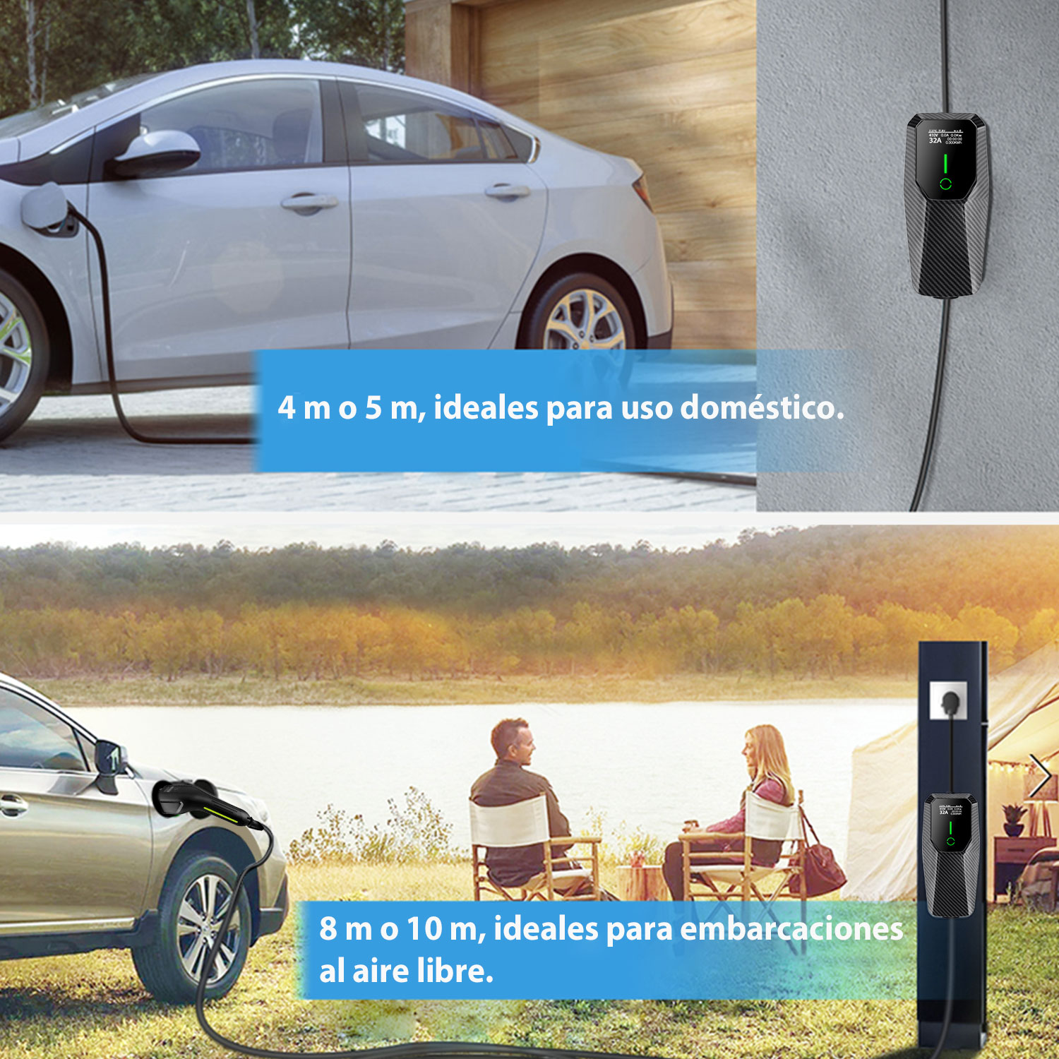 Un coche eléctrico se carga en un muro; abajo, dos personas junto a un lago cargan un coche en un poste.