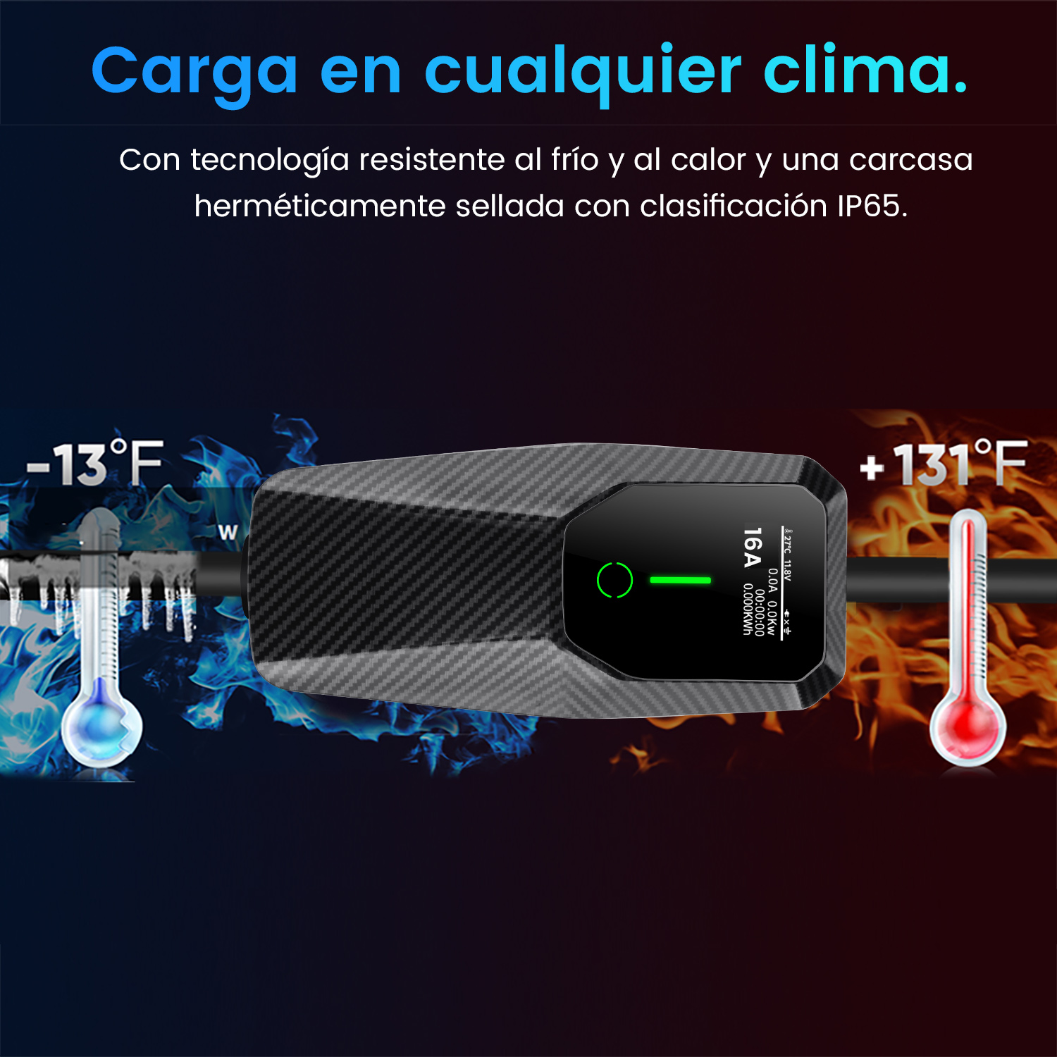 Cargador para VE resistente a climas extremos, con fondos de hielo y fuego, mostrando temperaturas de -13F a +131F.