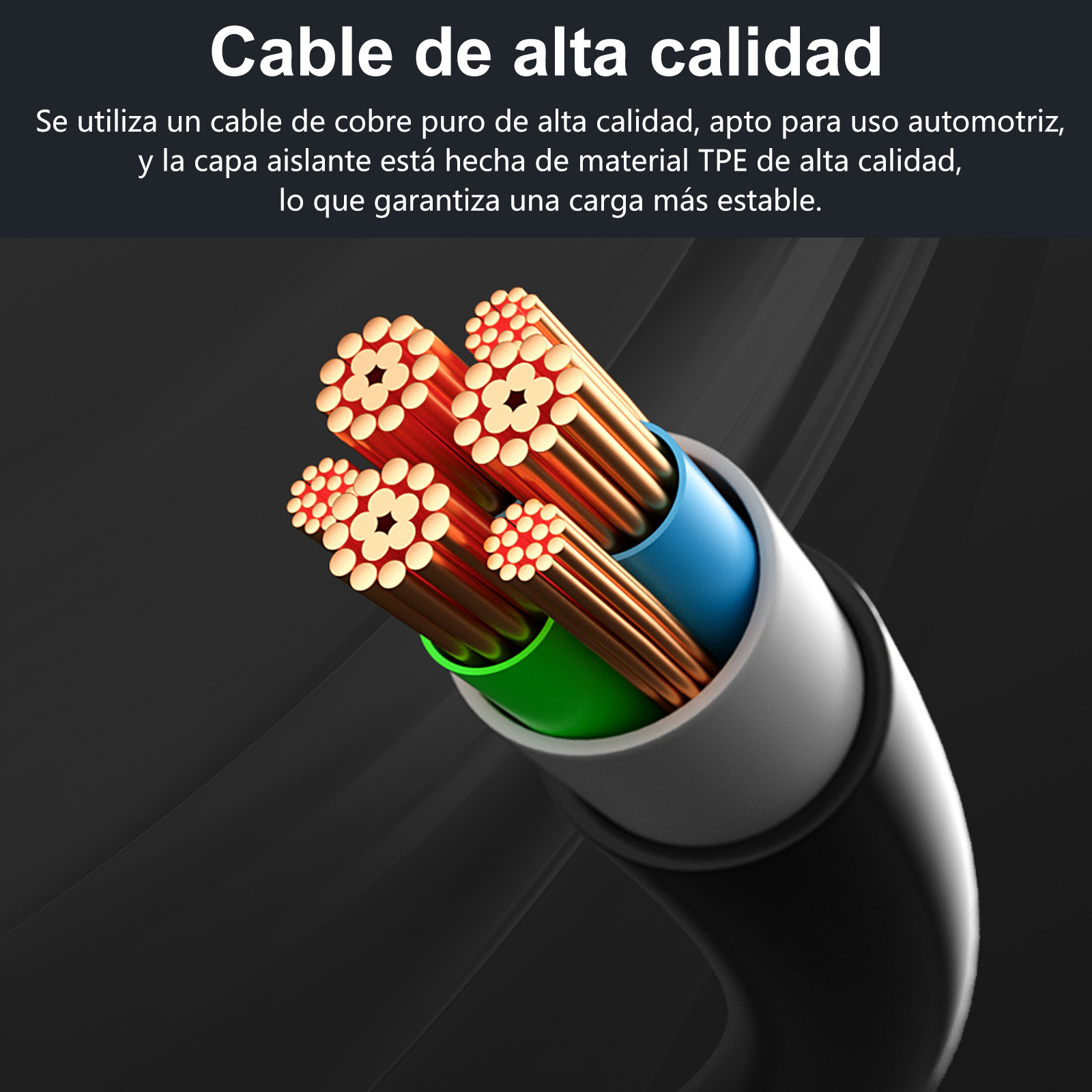 Un cable de cobre multicorte con aislamiento azul, verde y gris sobre fondo oscuro.
