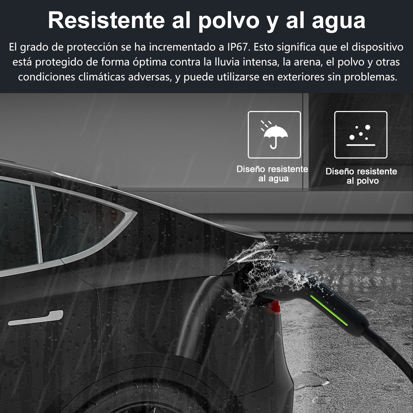 Un auto eléctrico negro cargándose bajo la lluvia, con resistencia al agua y polvo IP67.