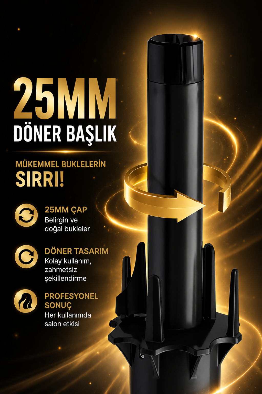 Siyah arka planda altın rengi yazılar ve parlayan girdaplarla siyah 25mm maşa başlığının tanıtım görseli.