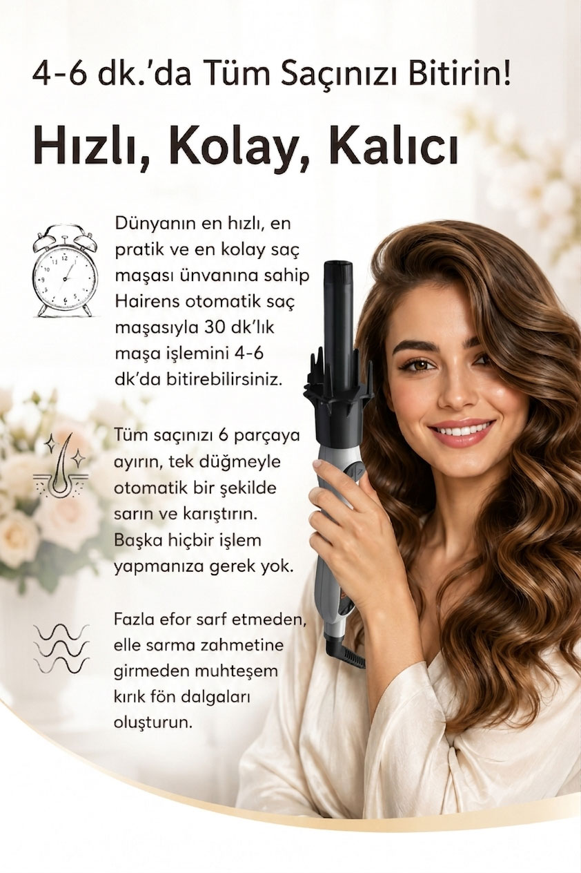 Dalgalı saçlı güler yüzlü bir kadın, promosyon metninin yanında otomatik saç maşası tutuyor.