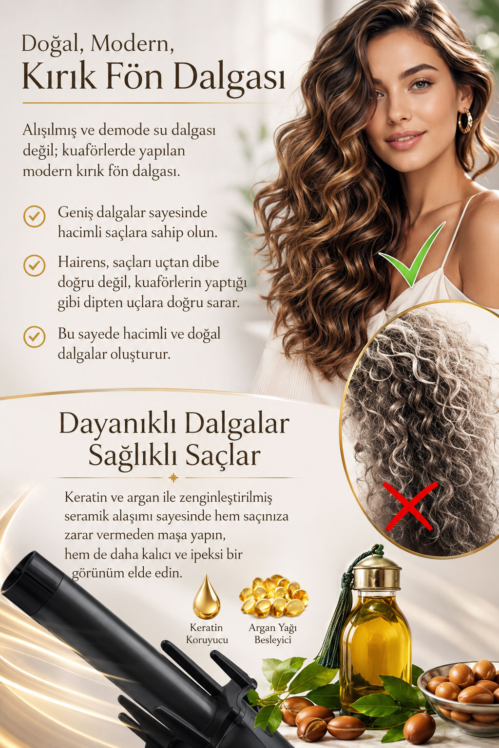 Parlak dalgalar, keratin yağı ve Türkçe metin içeren saç şekillendirici reklamı.