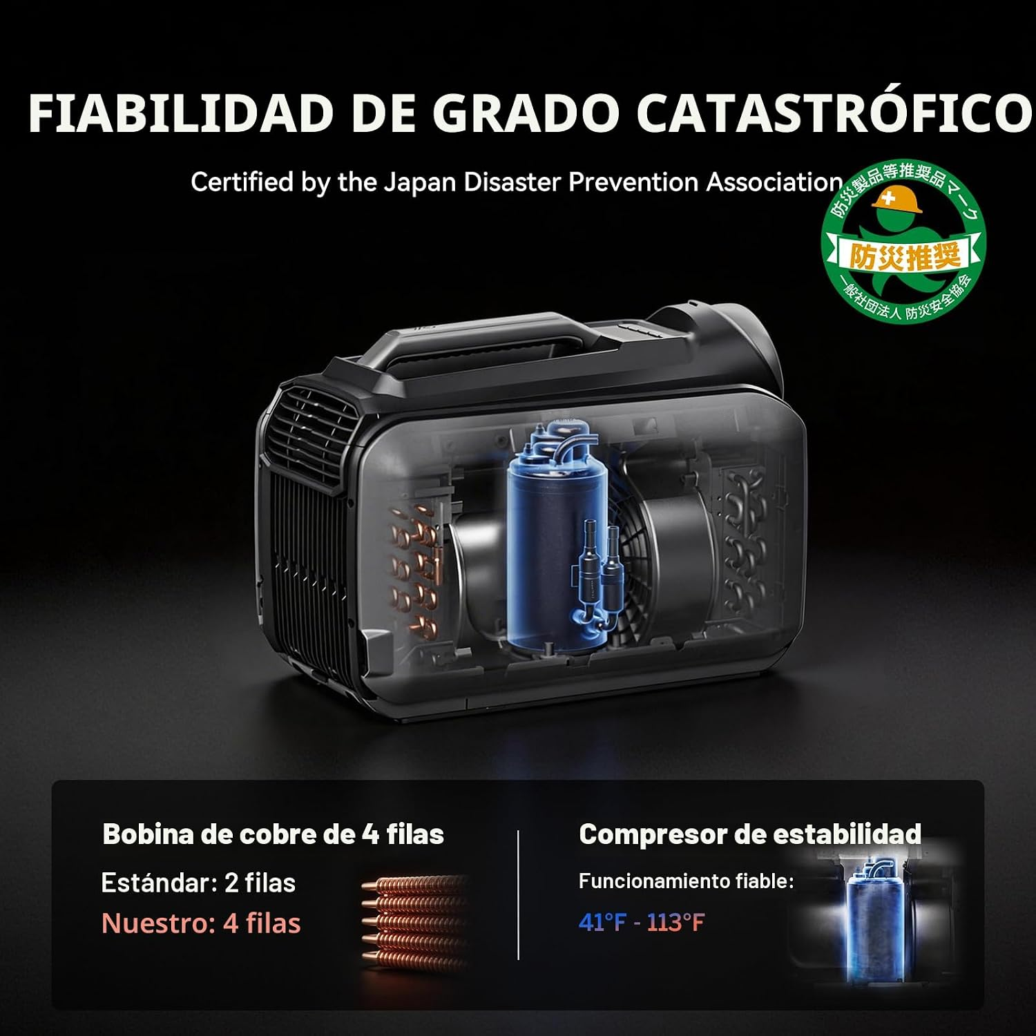 Un dispositivo portátil con carcasa transparente muestra bobinas de cobre internas y un compresor azul.