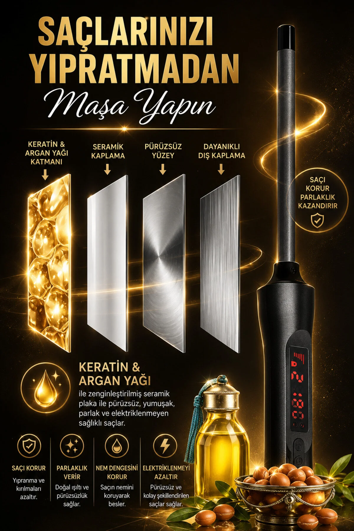 Keratin ve argan yağı kaplamalı, düz plakalı ve yağlı saç maşası siyah arka plan üzerinde.