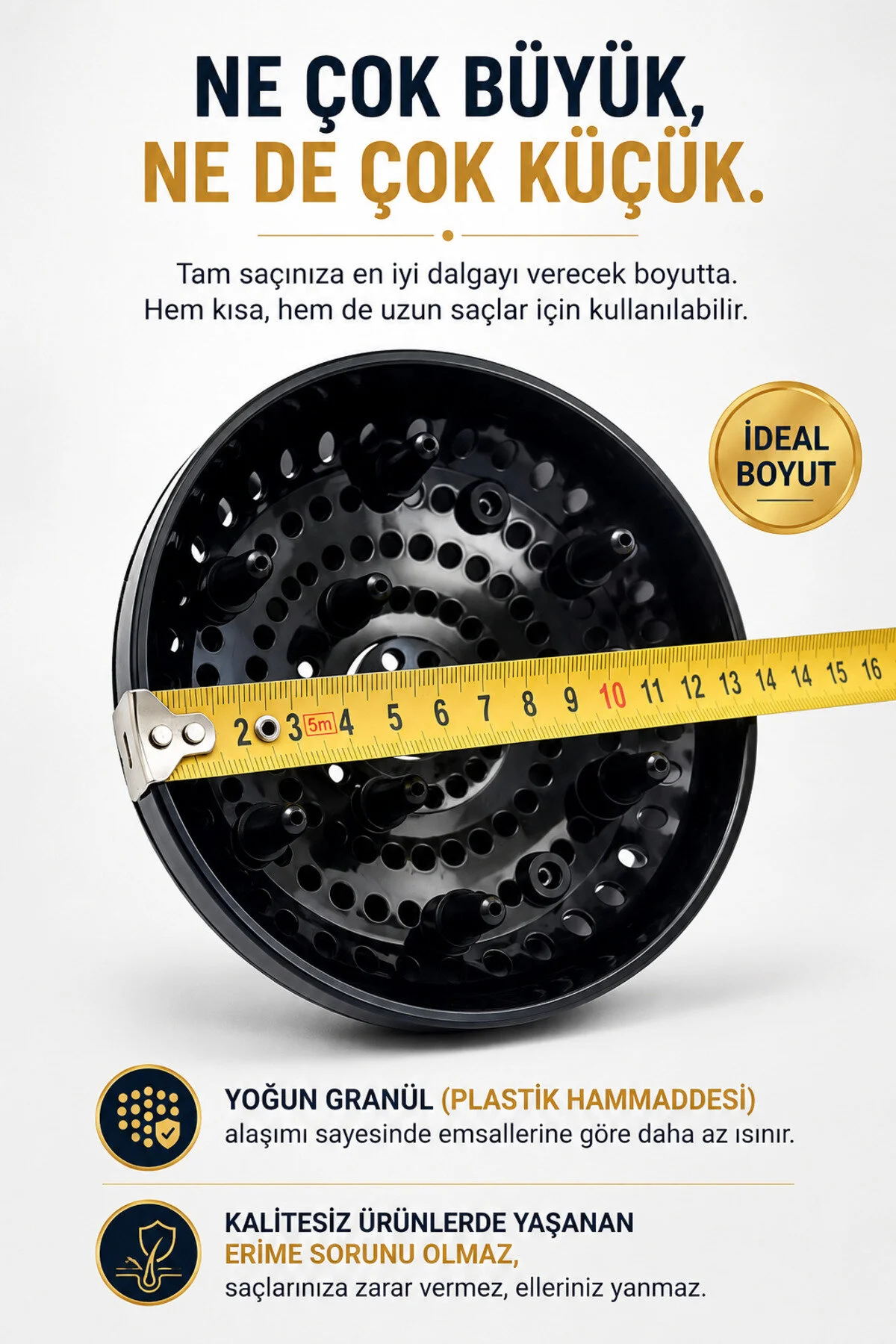 Siyah saç kurutma makinesi difüzörü sarı bir mezura ile ölçülüyor, ideal boyutu hakkında Türkçe metin yer alıyor.