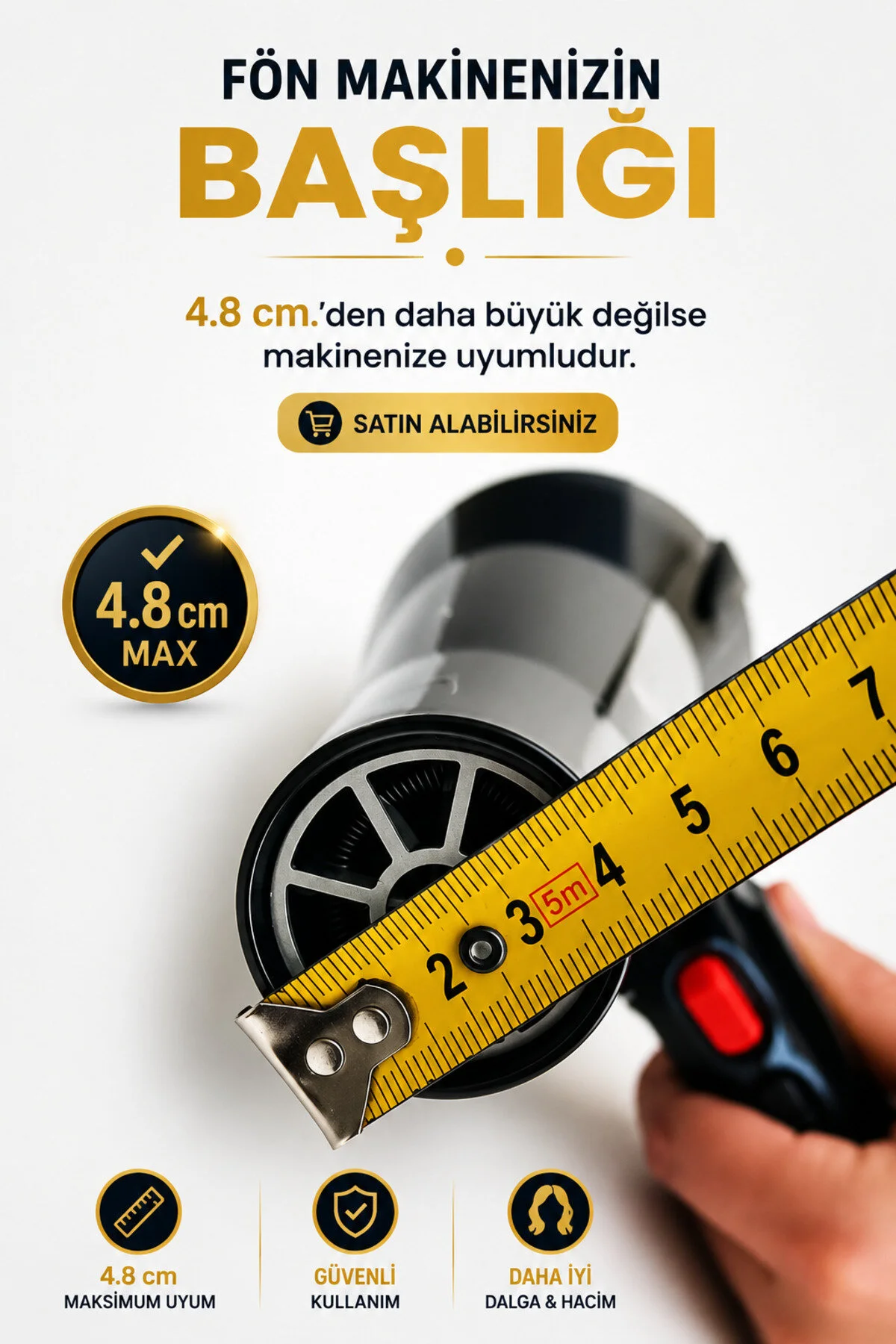 Bir mezura, başlık uyumluluğunu göstermek için fön makinesinin çapını ölçer.
