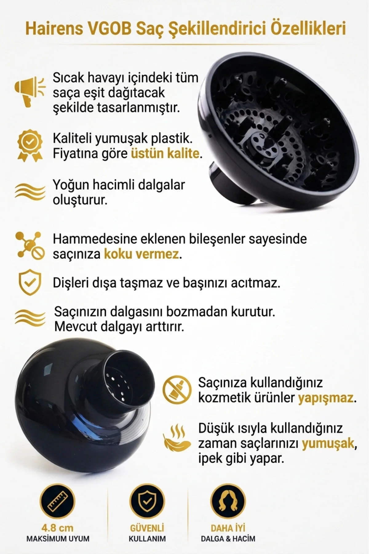 Hairens VGOB saç kurutma makinesi difüzörü için hacim ve ısı dağılımı gibi özelliklerle ürün tanıtımı.