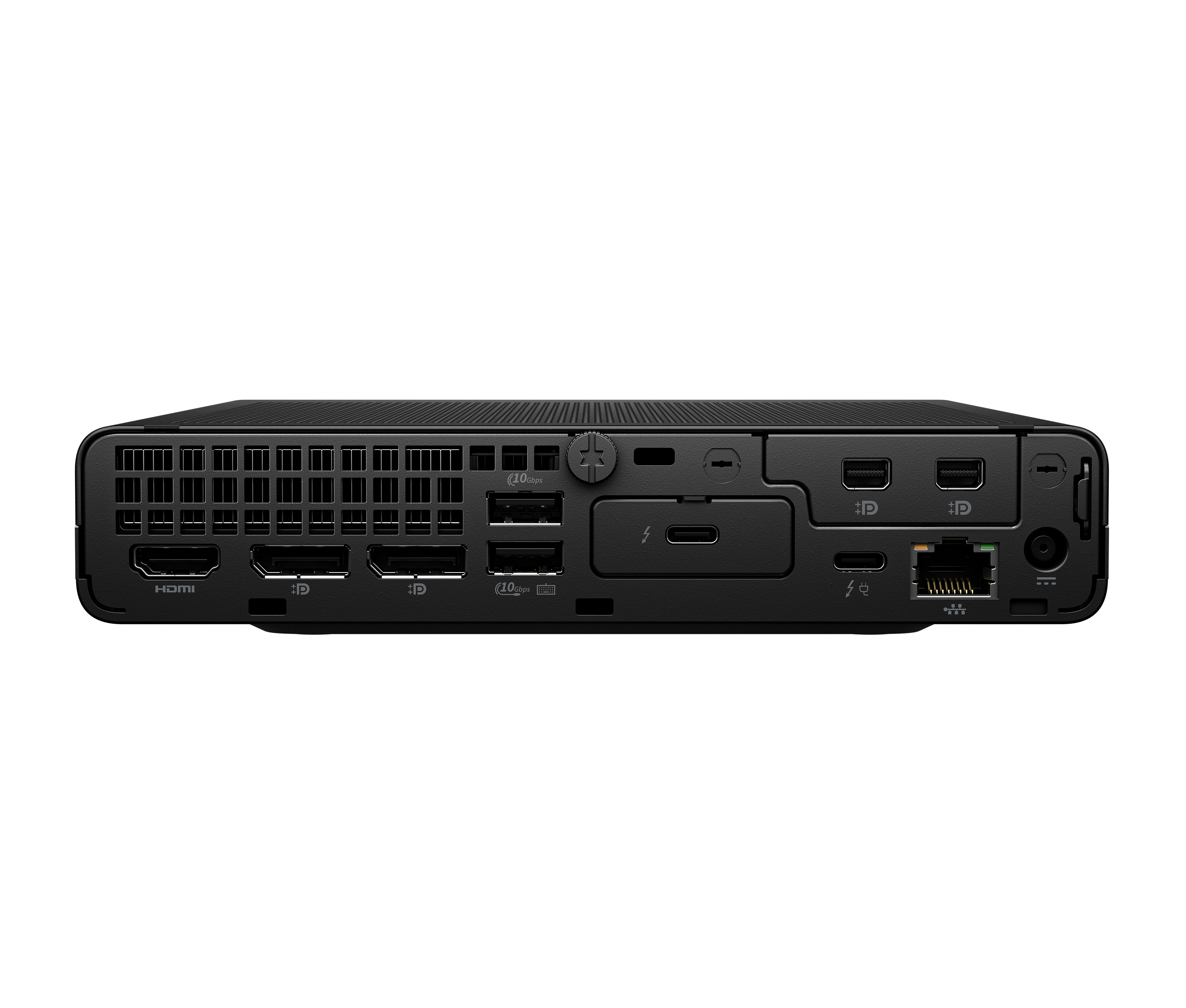 Vista posteriore di una docking station nera con porte HDMI, DisplayPort, USB, USB-C, Ethernet e di alimentazione.