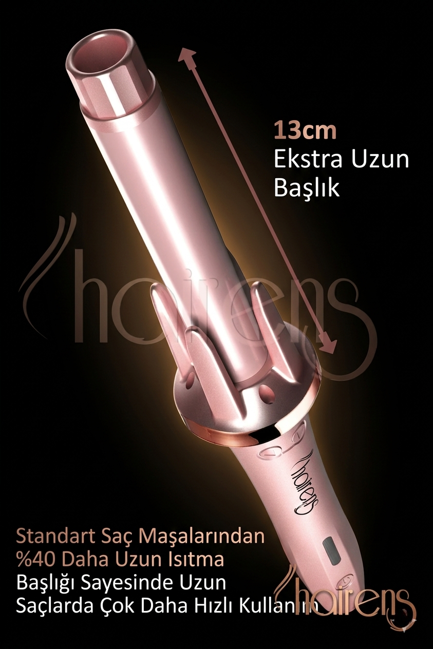 Siyah arka planda 13 cm uzunluğunda başlığa sahip pembe altın renkli saç maşası.