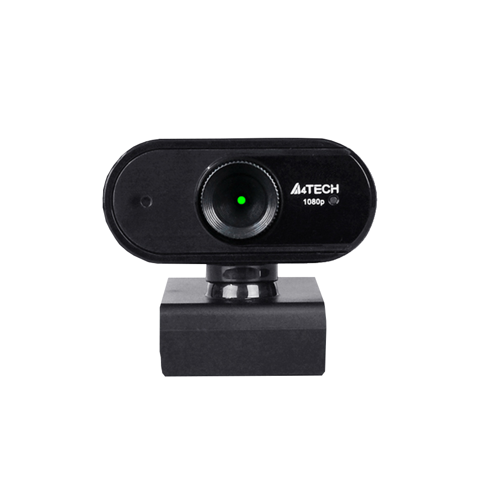Siyah arka plan önünde duran, yeşil LED göstergeli siyah A4TECH 1080p web kamerası.