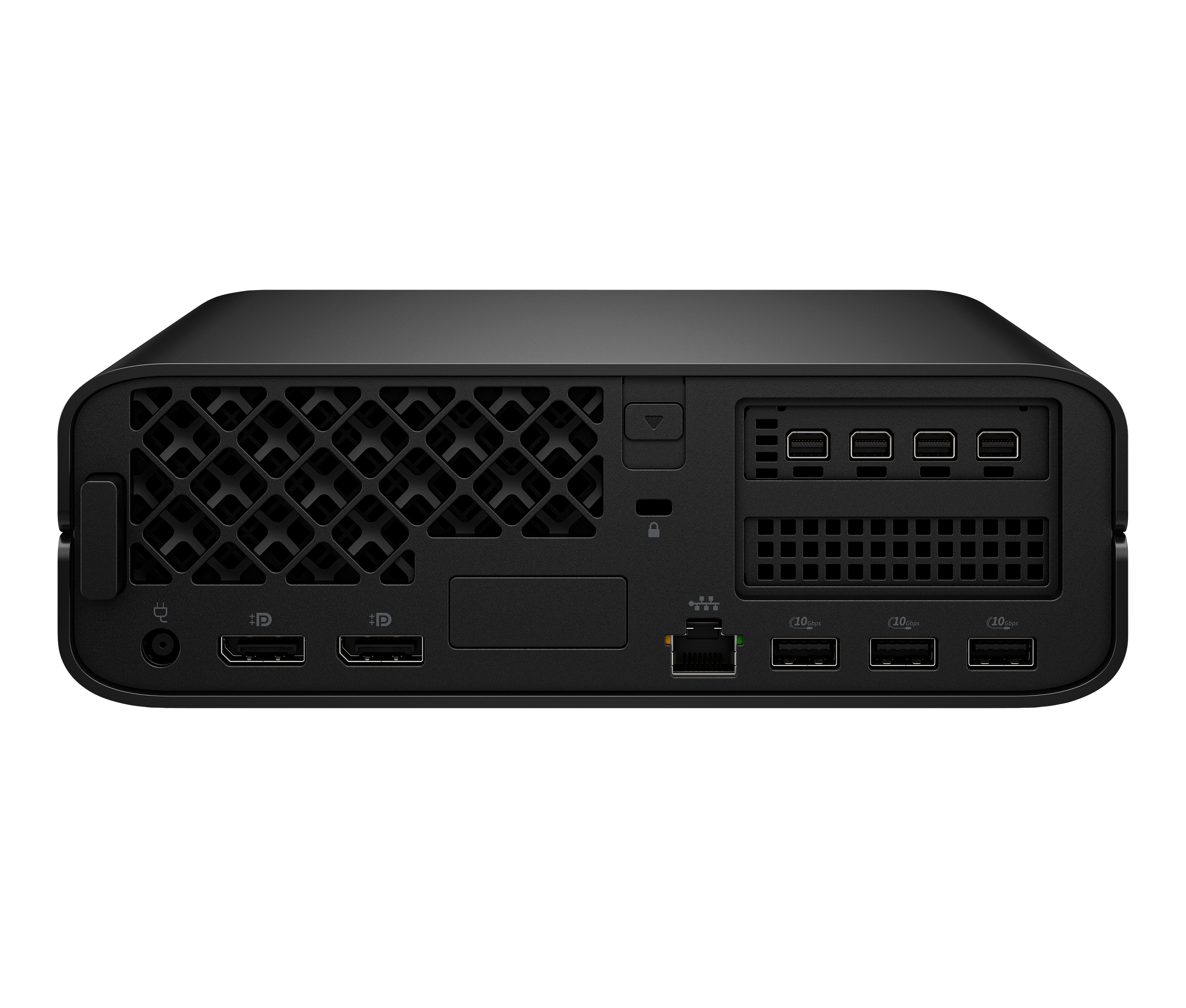 Vista posteriore di un tower per computer nero con varie porte, connessioni USB e griglie di ventilazione.