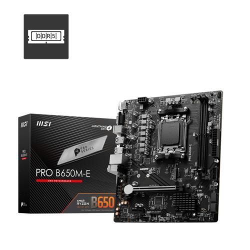 Beyaz arkaplanda MSI PRO B650M-E anakart ve kutusu.