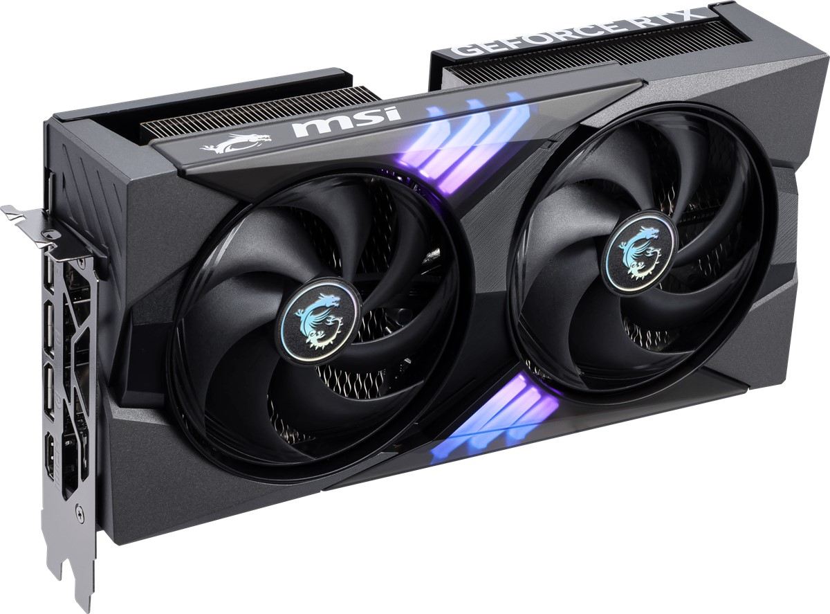 İki fanlı ve mavi RGB aydınlatmalı siyah bir MSI GeForce RTX grafik kartı.