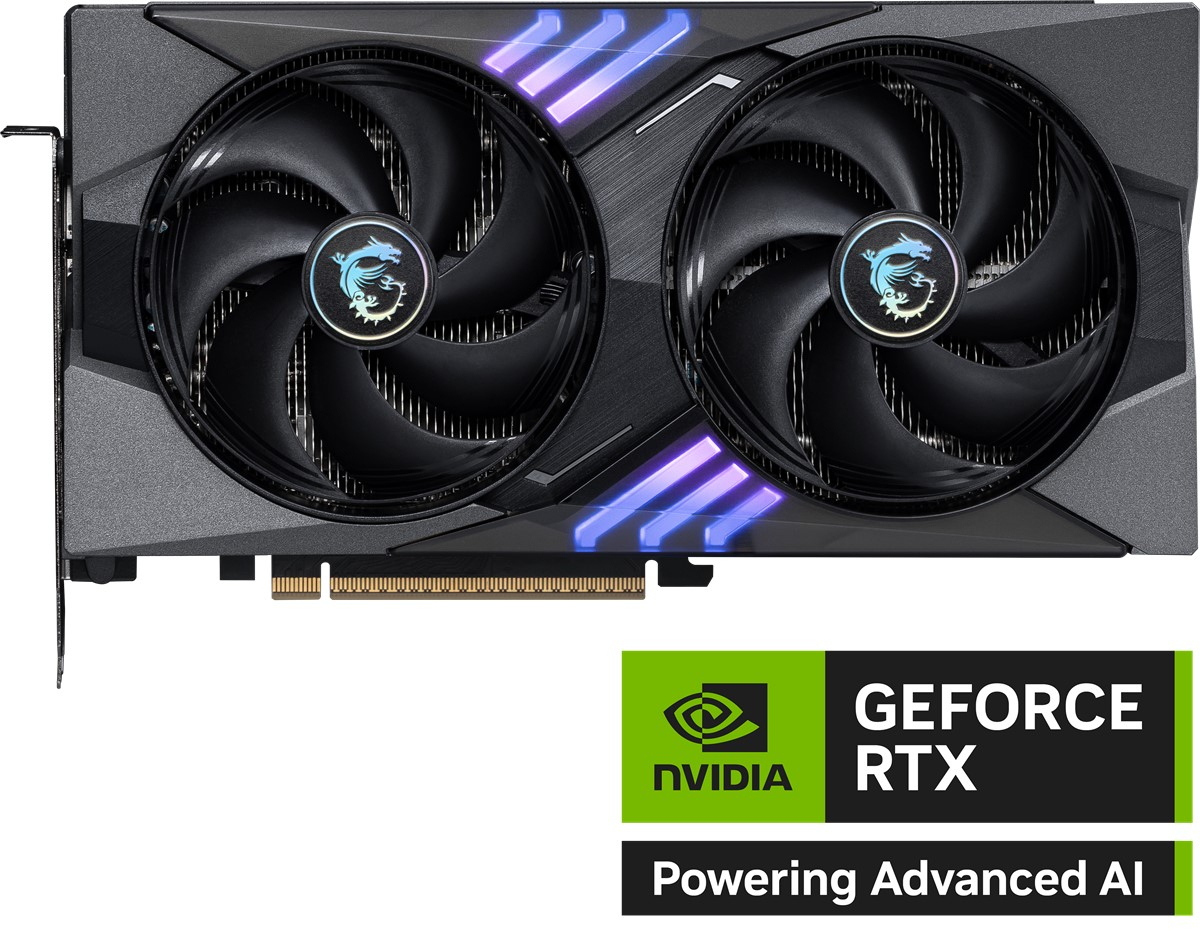 Çift fanlı, mavi LED şeritli ve GeForce RTX logolu siyah bir ekran kartı.