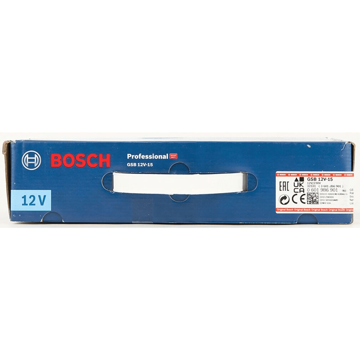 Une boîte à outils bleue Bosch Professional GSB 12V-15 avec poignée blanche et étiquette.