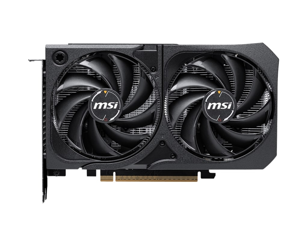 Una scheda grafica MSI nera con due ventole e alette di raffreddamento su sfondo bianco.