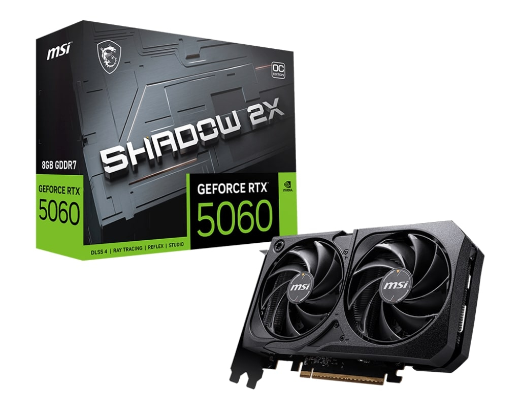 Scheda grafica MSI GeForce RTX 5060 Shadow 2X con due ventole, accanto alla scatola.