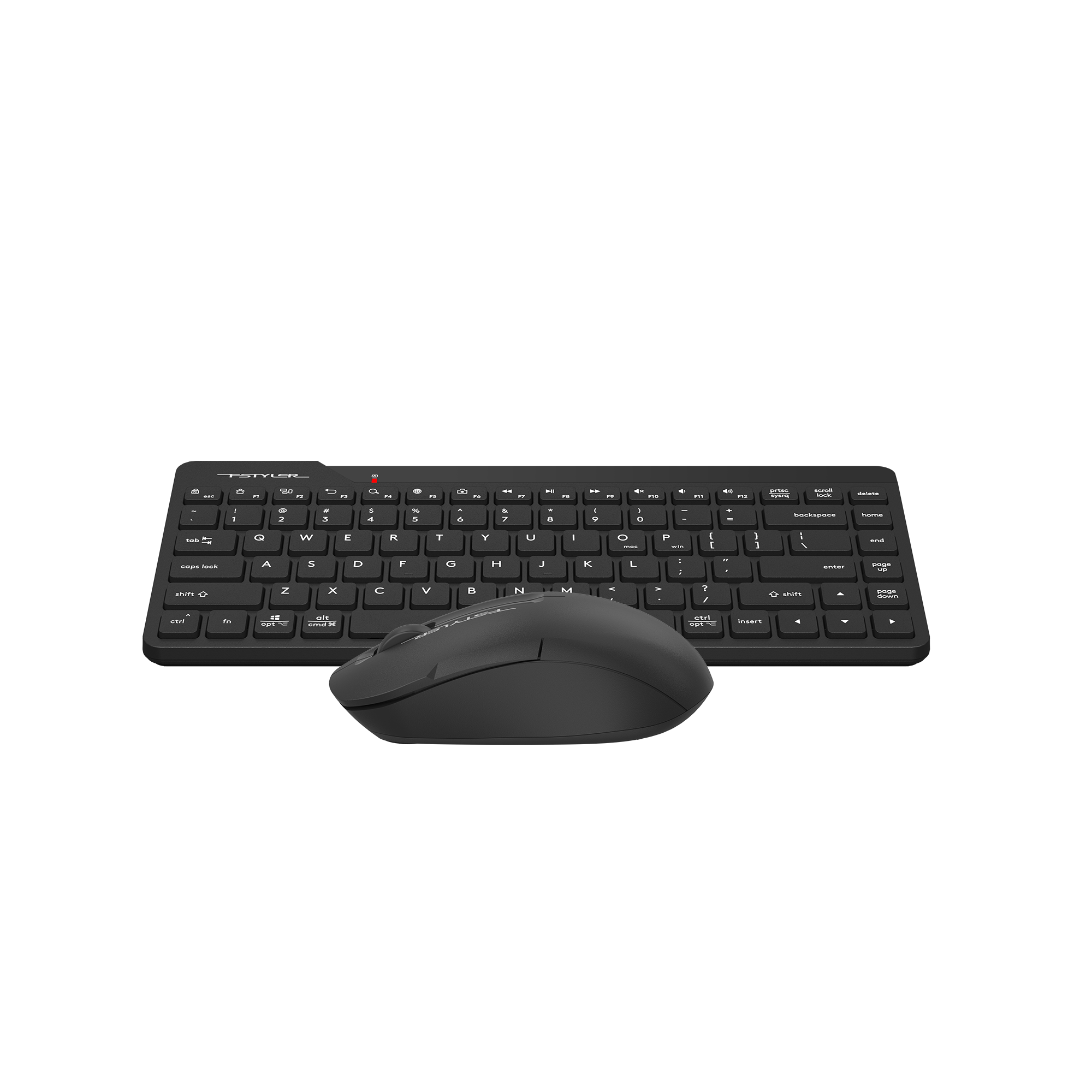 Siyah arka plan önünde kompakt düzene sahip siyah kablosuz klavye ve uyumlu ergonomik fare.
