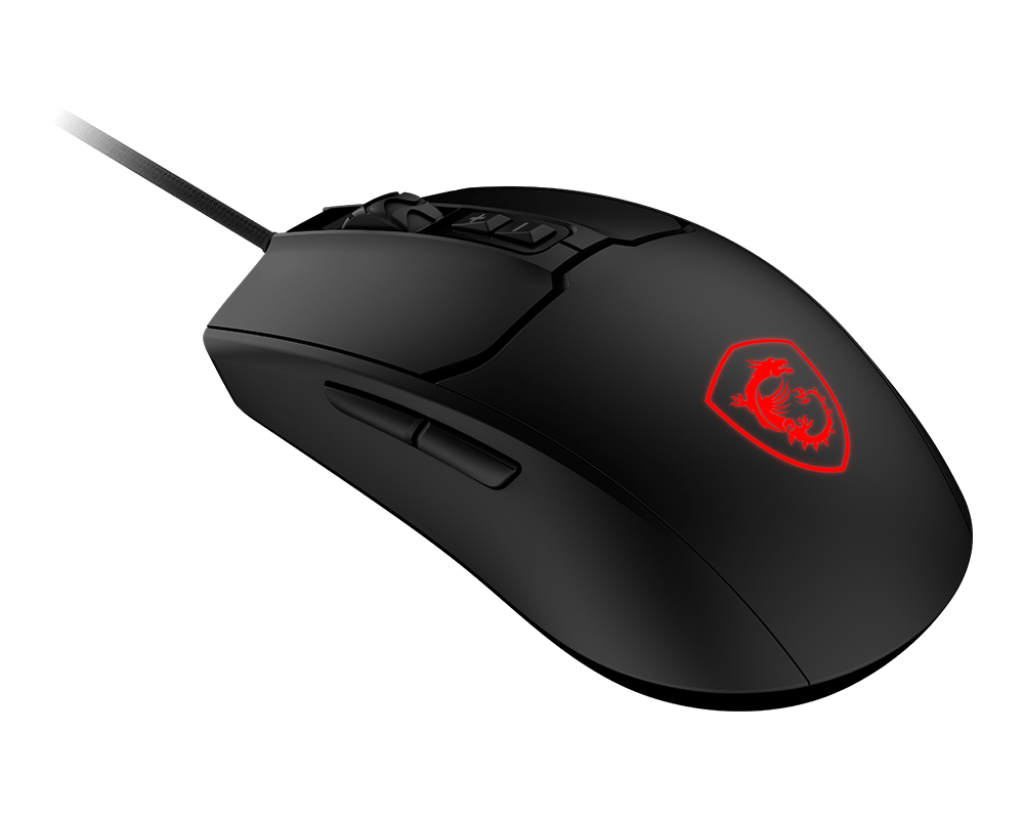 Schwarze Gaming-Maus mit rotem Drachenlogo auf schwarzem Hintergrund.