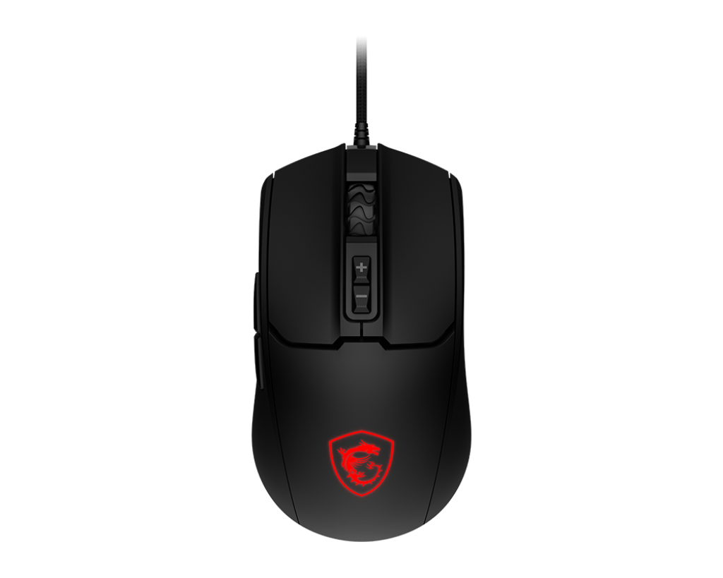 Schwarze Gaming-Maus mit rot leuchtendem Drachen-Logo und Kabel auf schwarzem Hintergrund.