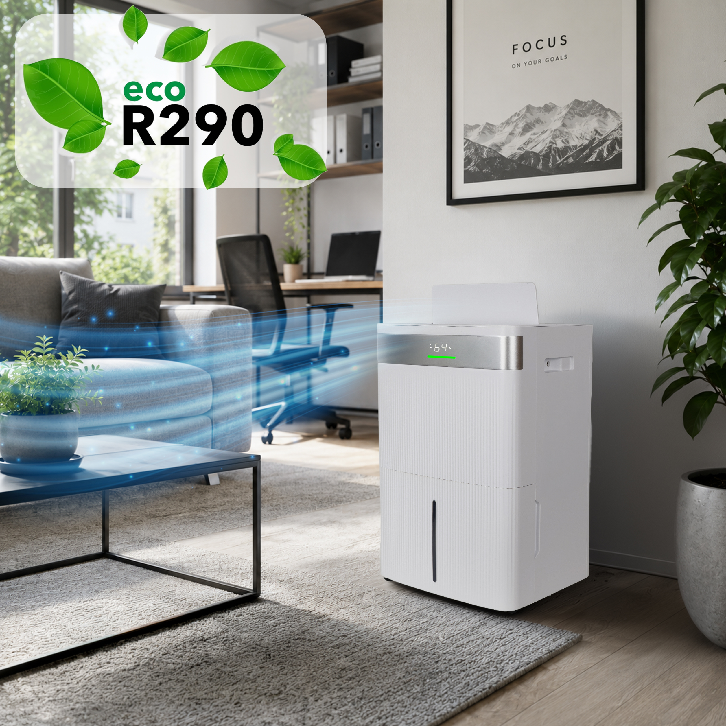 Biały osuszacz powietrza w nowoczesnym salonie z sofą, roślinami i napisem eco R290.