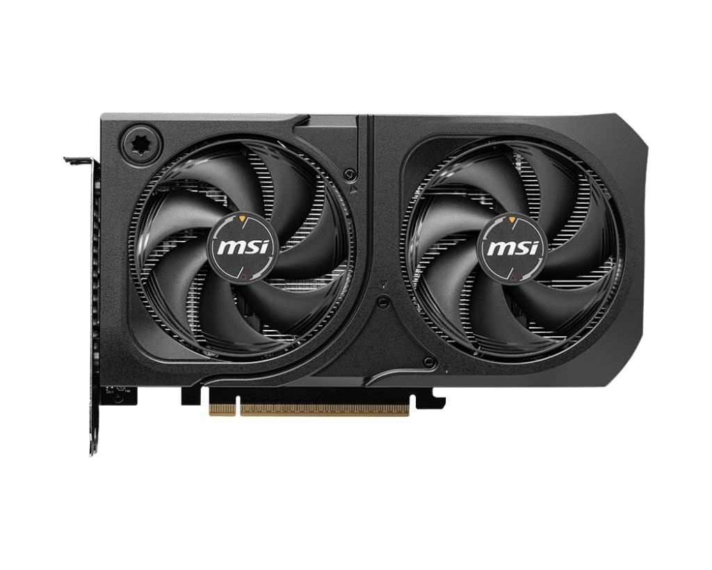 Beyaz arka planda iki soğutma fanı ve ısı emici bulunan siyah MSI grafik kartı.