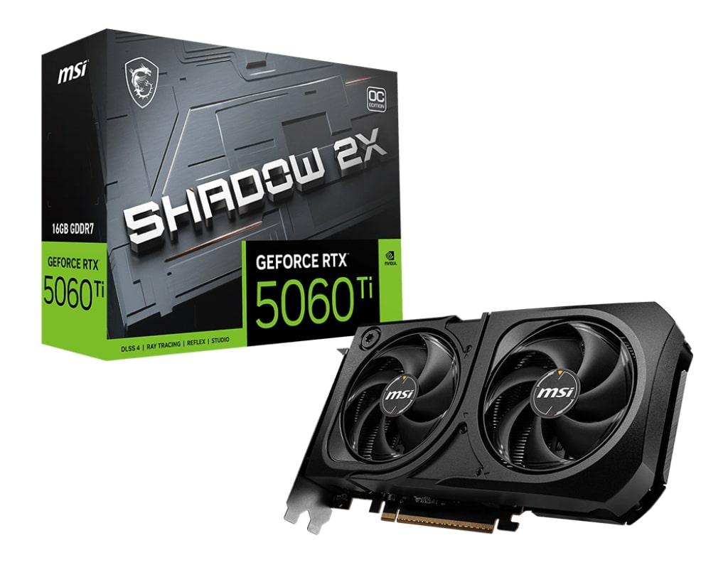 Ürün kutusuyla birlikte sergilenen MSI GeForce RTX 5060 Ti Shadow 2X ekran kartı.