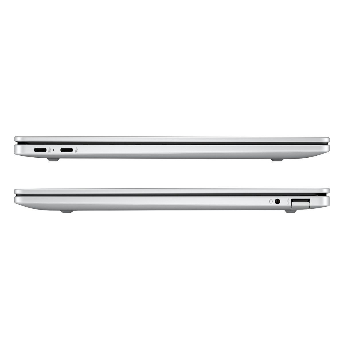 Vistas laterales de una laptop plateada cerrada que muestran puertos USB-C, de audio y USB.