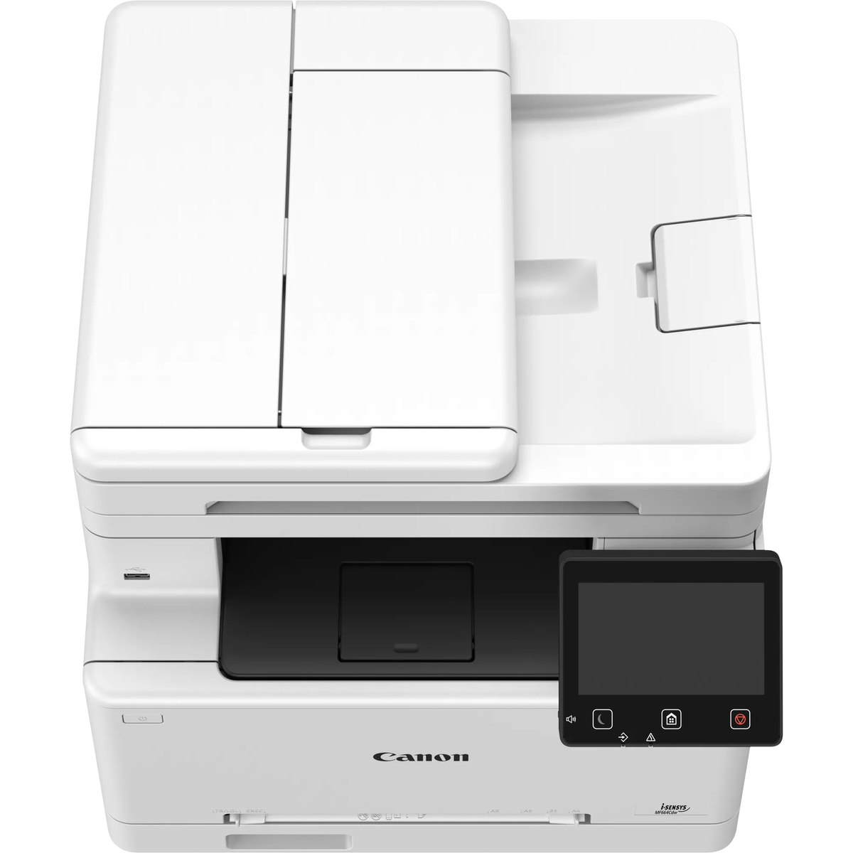 Widok z góry na białą drukarkę wielofunkcyjną Canon z podajnikiem papieru na górze i panelem dotykowym.