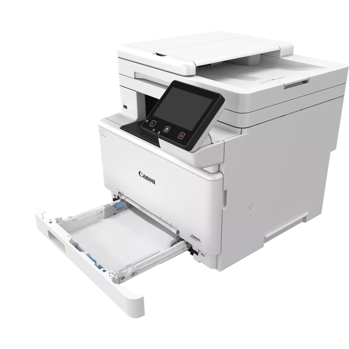 Biała drukarka wielofunkcyjna Canon z otwartą tacą na papier na jasnej powierzchni.