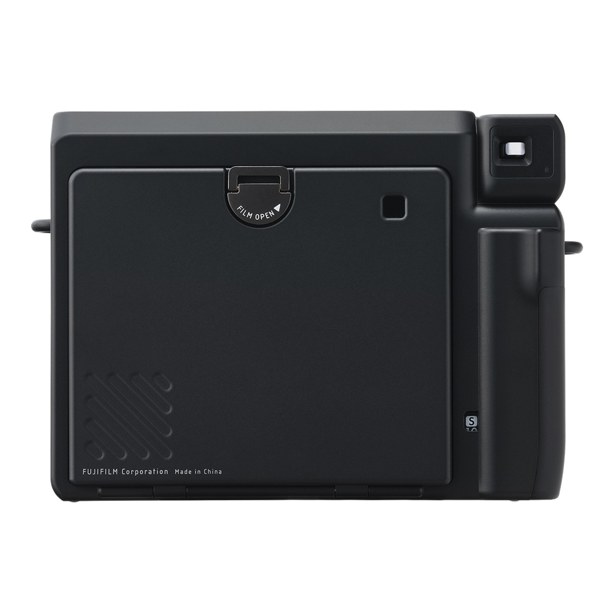 Vista posteriore di una fotocamera istantanea Fujifilm nera con mirino e sportello per pellicola.