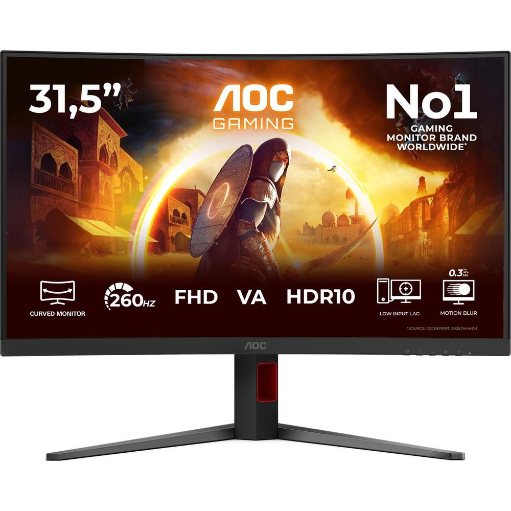 Monitor gaming curvo AOC da 31,5" con scena fantasy e specifiche come 260Hz, FHD e HDR10 evidenziate dal testo.