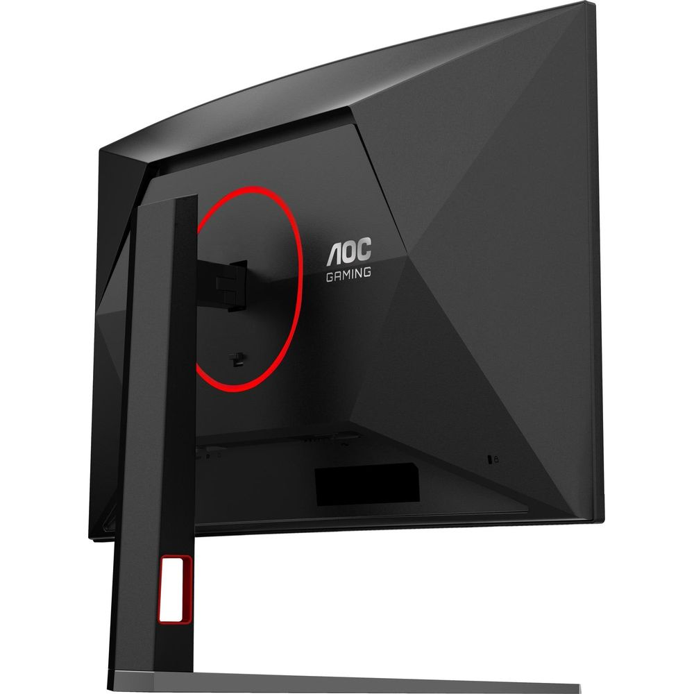 Vista posteriore di un monitor da gioco AOC nero con un anello rosso e supporto.