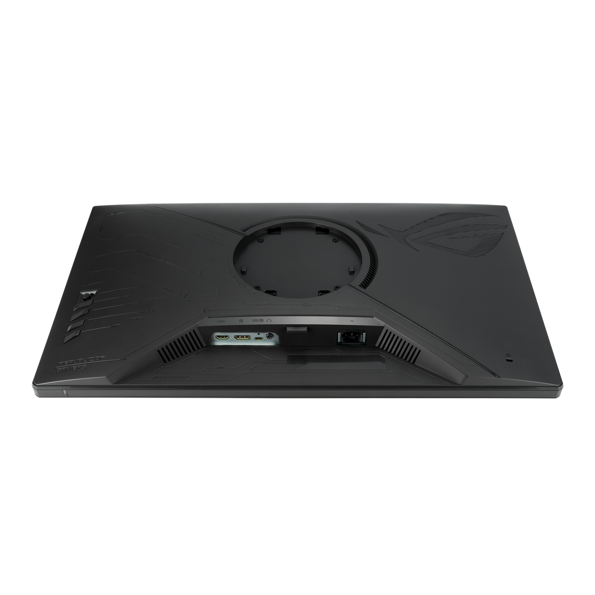 Il retro nero di un monitor da computer con varie porte e un supporto VESA circolare.