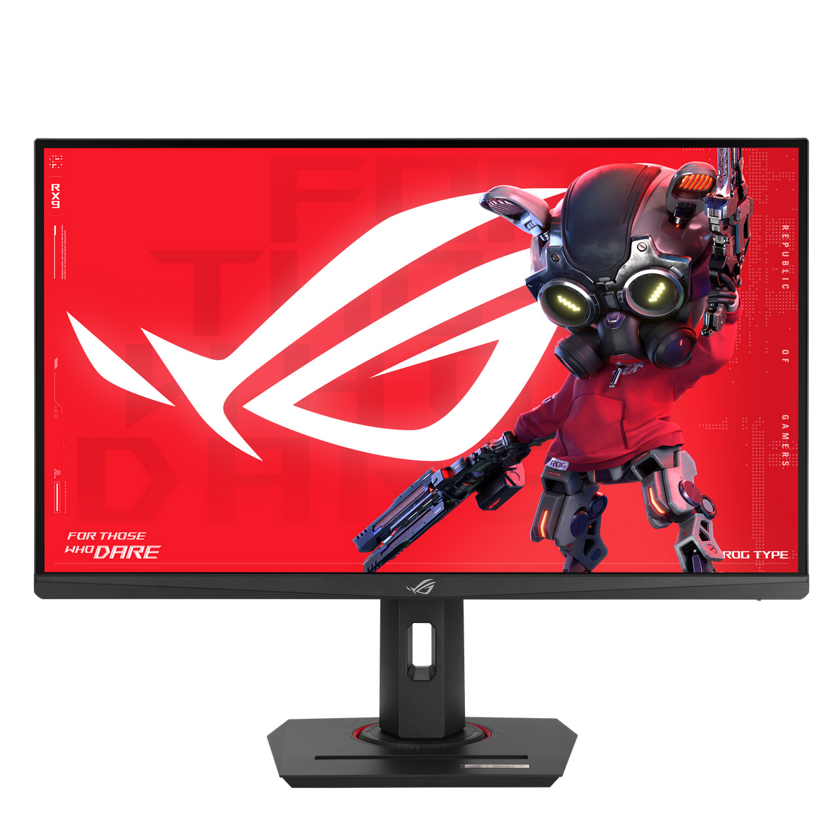 Un monitor da gioco ROG mostra uno schermo rosso con una mascotte ASUS ROG in equipaggiamento tattico.