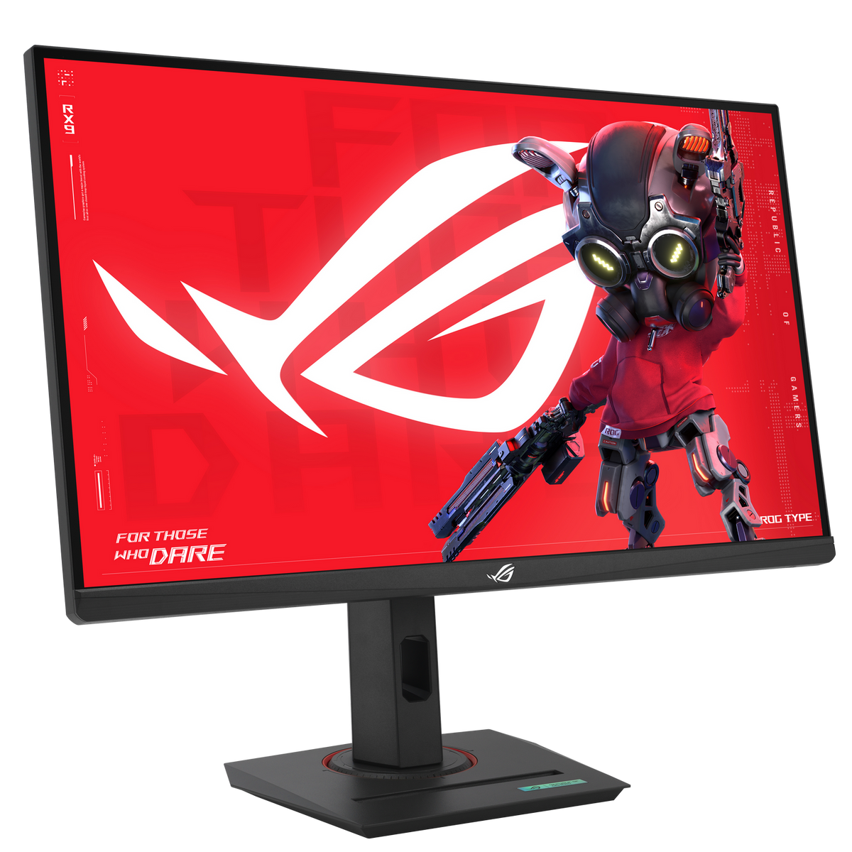 Un monitor da gioco nero che mostra uno schermo rosso con il logo ROG e un personaggio robotico armato.