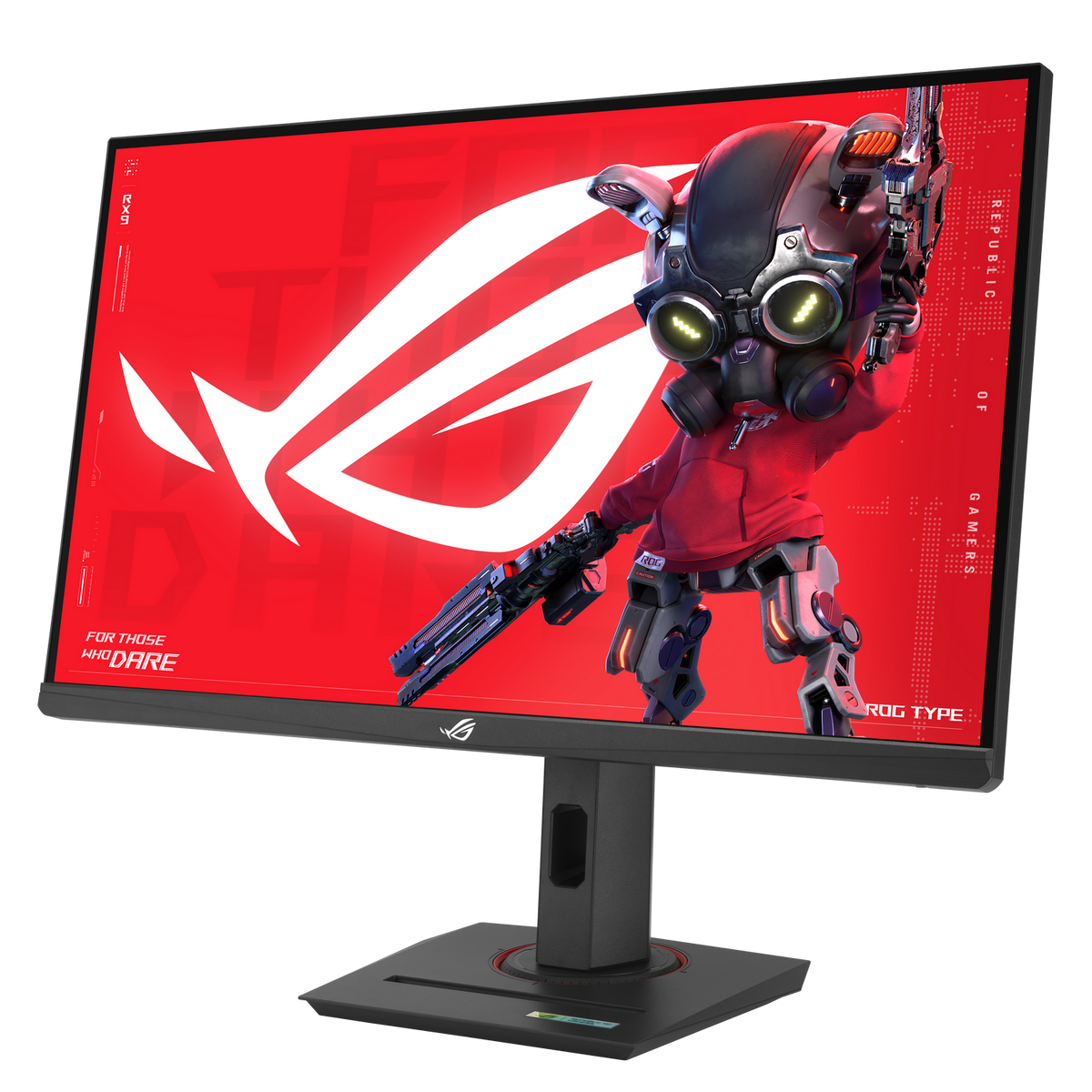 Un monitor da gioco ROG mostra uno schermo rosso con il logo Republic of Gamers e un robot.