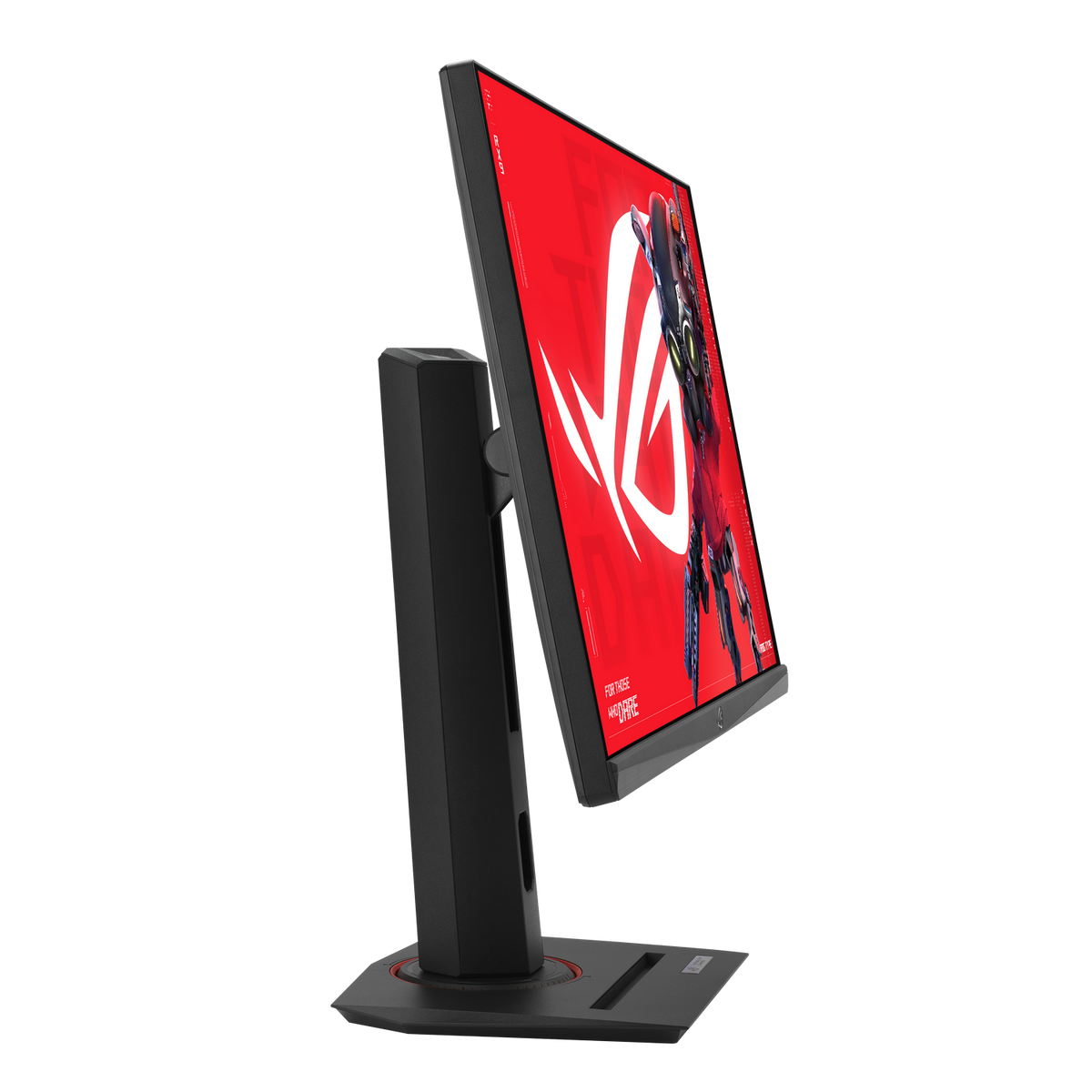 Un monitor da gioco nero su supporto, che mostra uno schermo rosso con un logo ROG bianco.