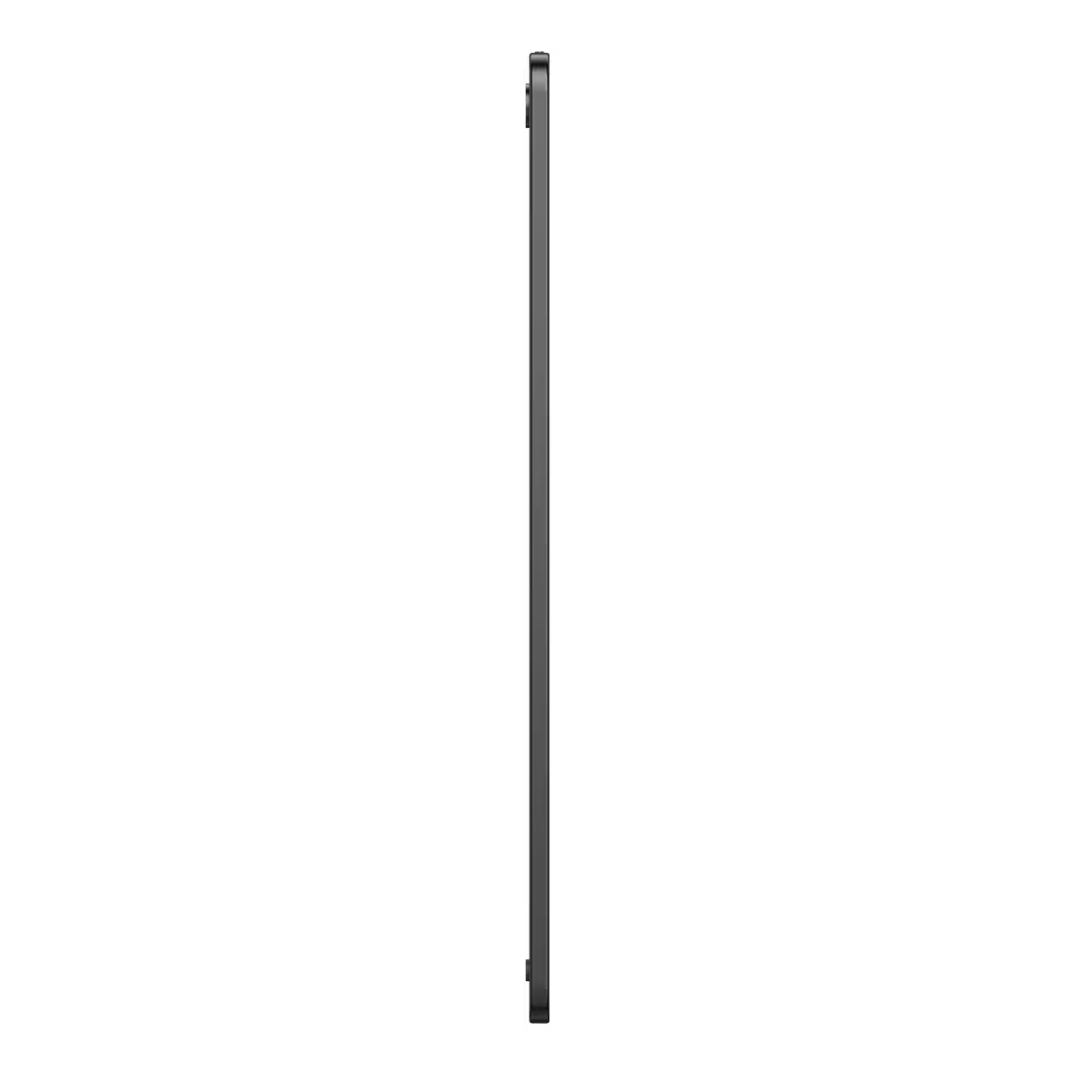 Vista laterale di un tablet sottile e scuro su uno sfondo bianco.