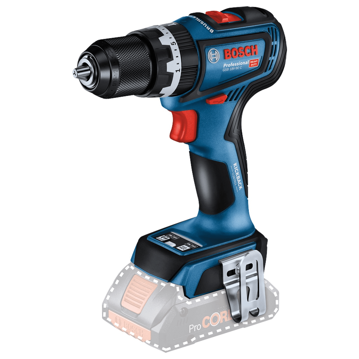 Un trapano battente a batteria blu Bosch Professional con grilletto rosso e clip da cintura su sfondo bianco.