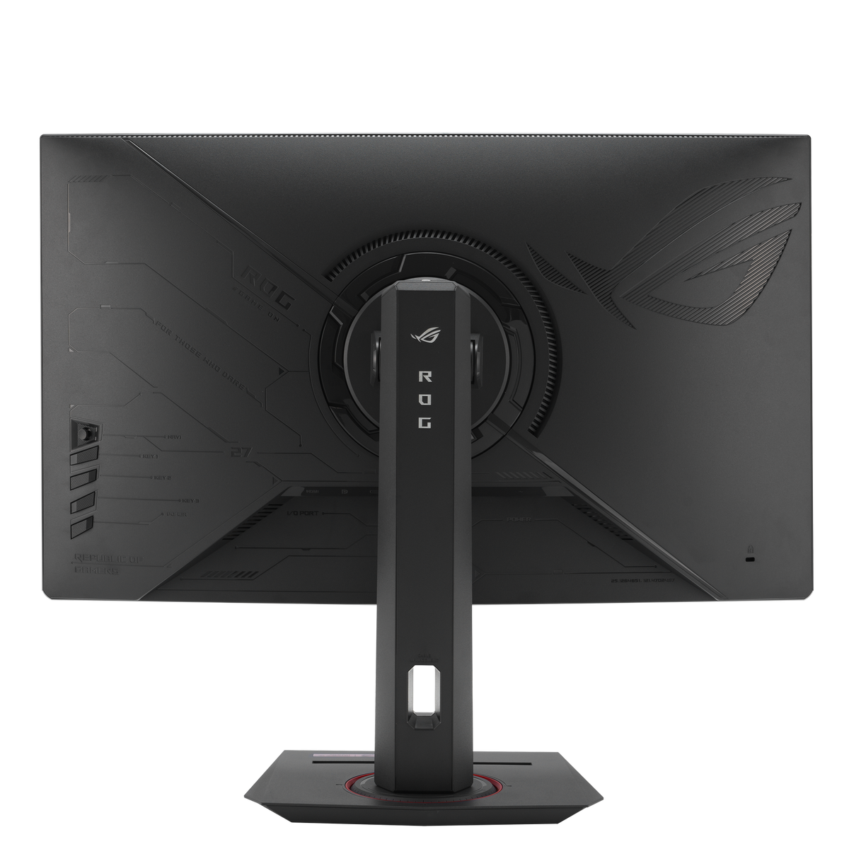 Rückseite eines schwarzen ASUS ROG Monitors mit Ständer auf schwarzem Hintergrund.