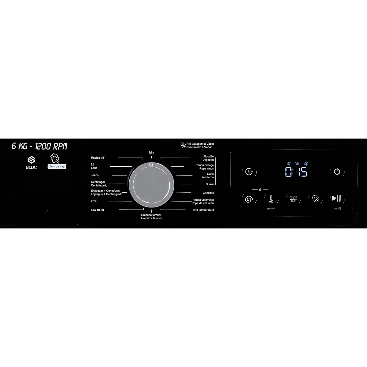 Panel de control de lavadora negro con selector central, iconos digitales, opciones de texto y pantalla LED.