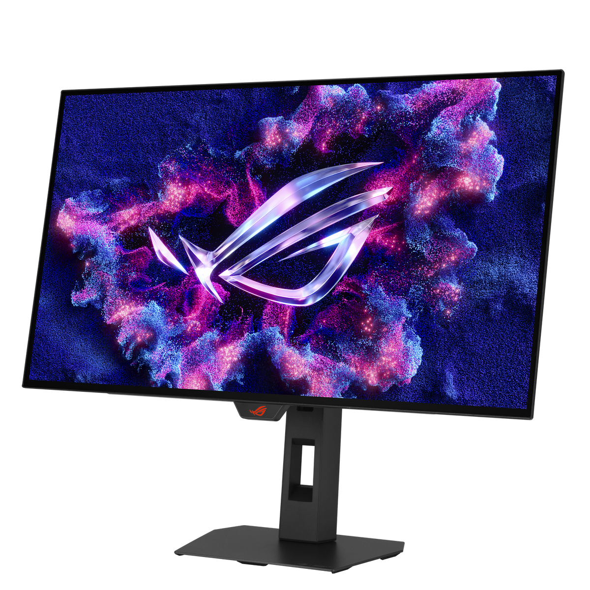 Een ROG-gamingmonitor met een smalle rand en een kleurrijke, kosmische achtergrond op het scherm.