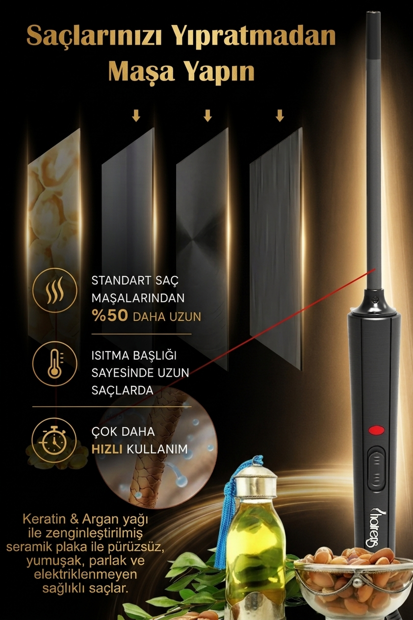 Siyah arka planda altın yazılı keratin ve argan yağlı saç maşası ürün reklamı.
