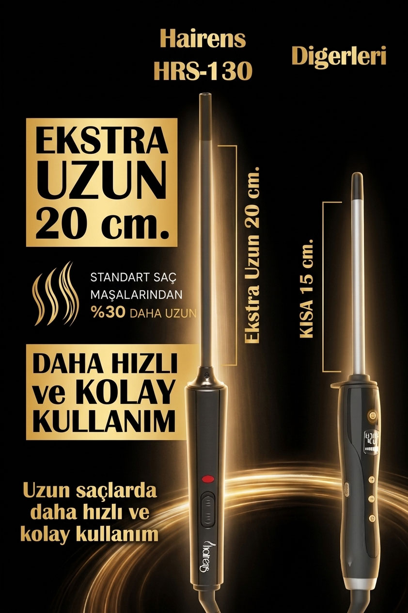 Hızlı saç şekillendirme için 20 cm varile sahip Hairens HRS-130 maşa reklamı.