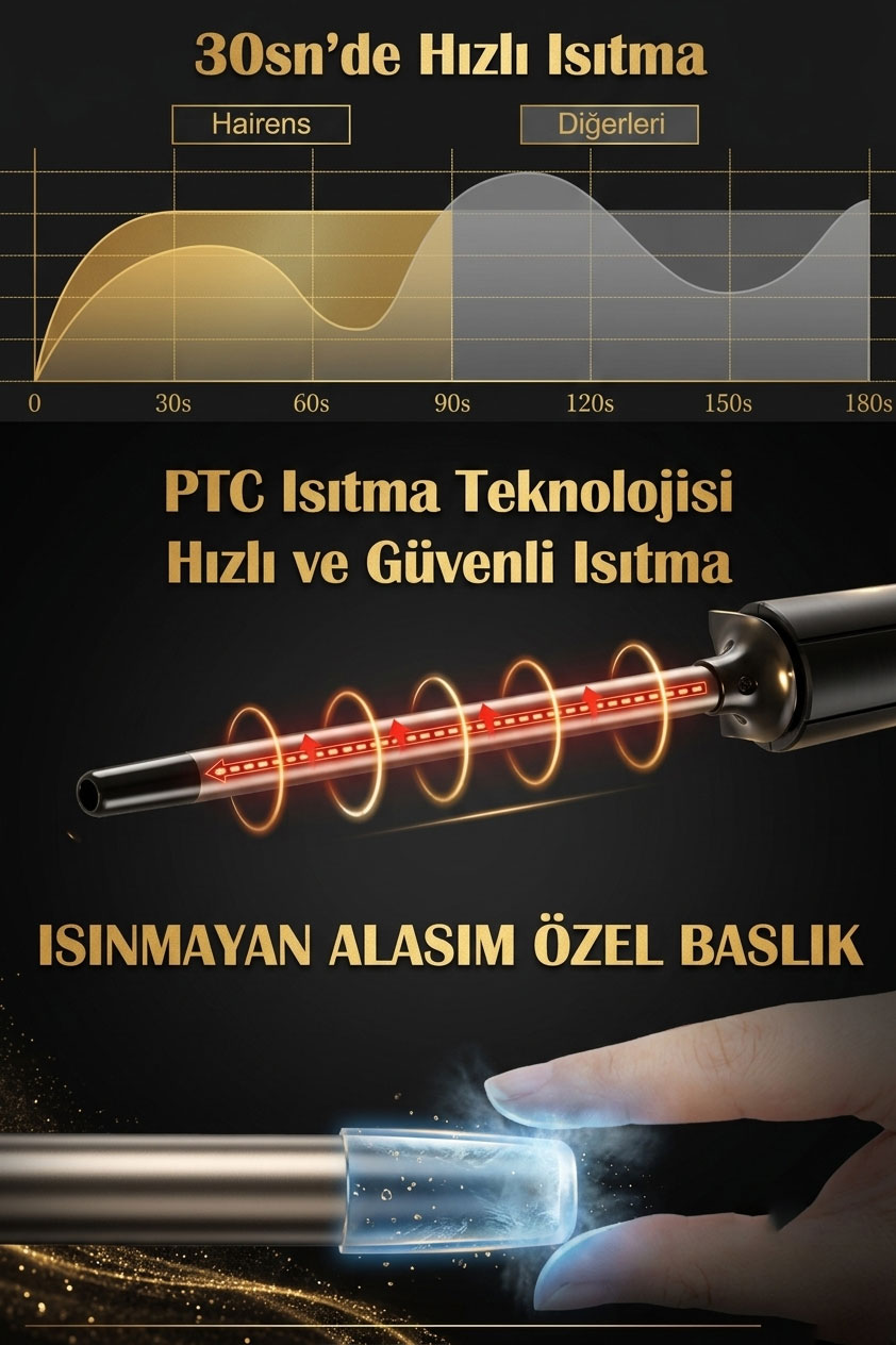 PTC ısıtma teknolojisini ve soğuk ucu gösteren grafik ve maşa.