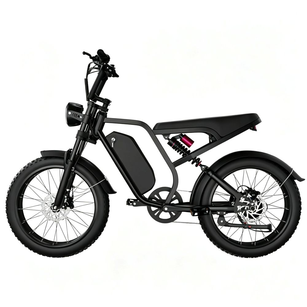 Una bici elettrica nera con pneumatici larghi, sospensioni e una lunga sella su sfondo bianco.