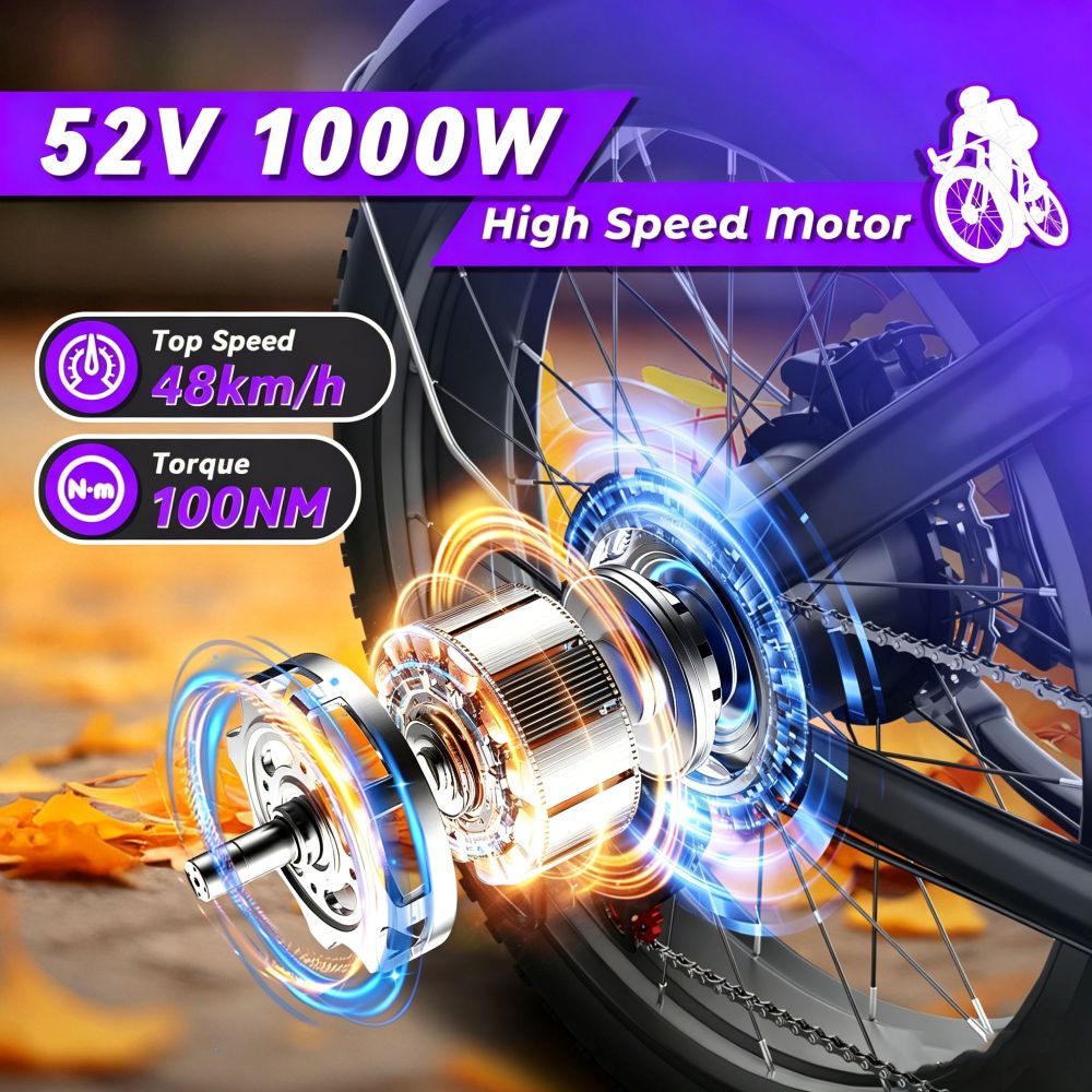Ruota di bicicletta elettrica con motore da 1000W a vista, che evidenzia velocità di 48km/h e coppia di 100NM.