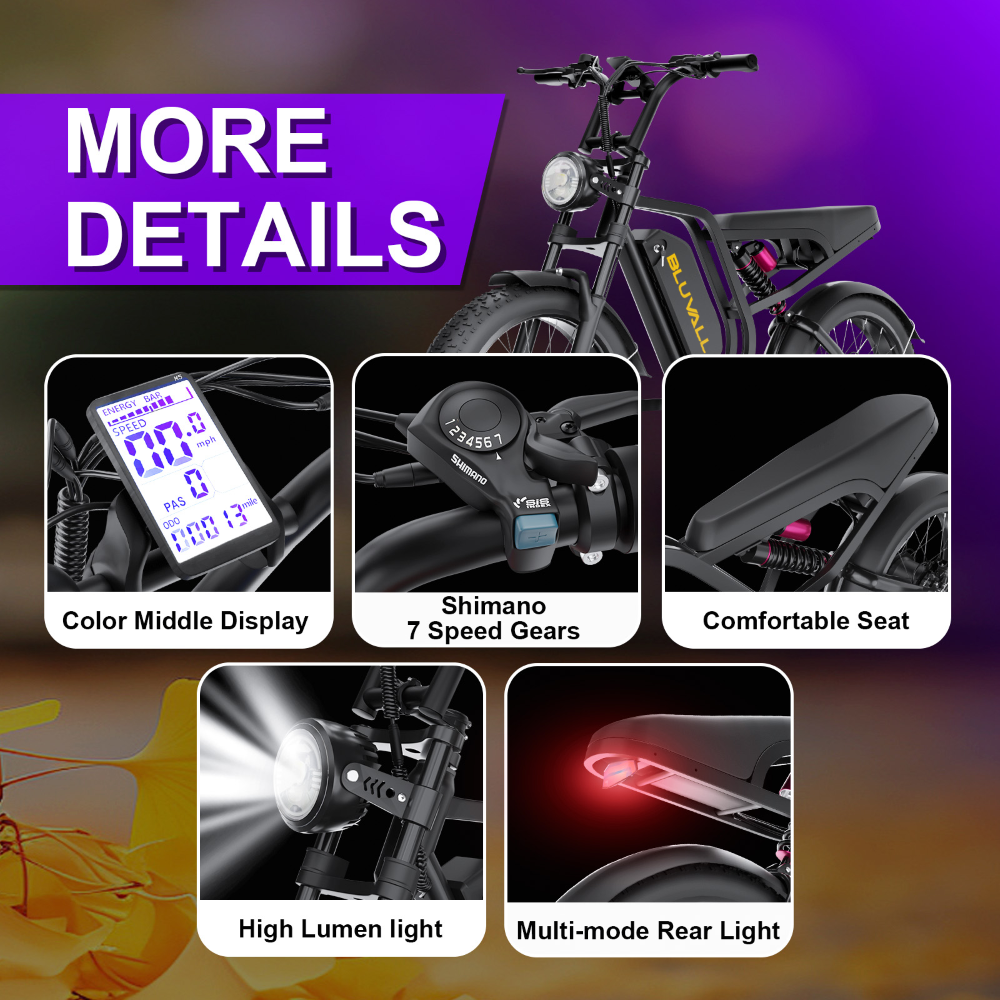 Una e-bike con dettagli di display, marce, sedile, luce anteriore e posteriore.